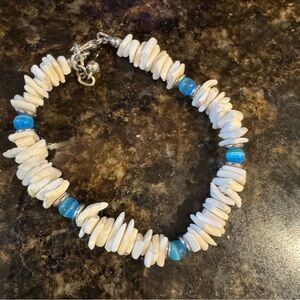 Vintage Puka Shell Ankle Bracelet White with Blue Cats Eye Beads